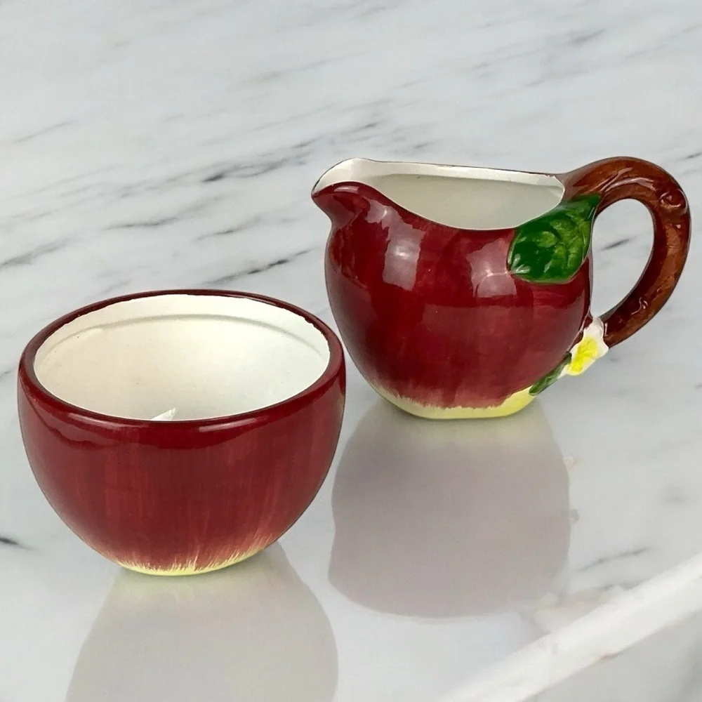 Vintage Hand Painted Apple Distinctive Design MR Ceramic Creamer Sugar Bowl Set